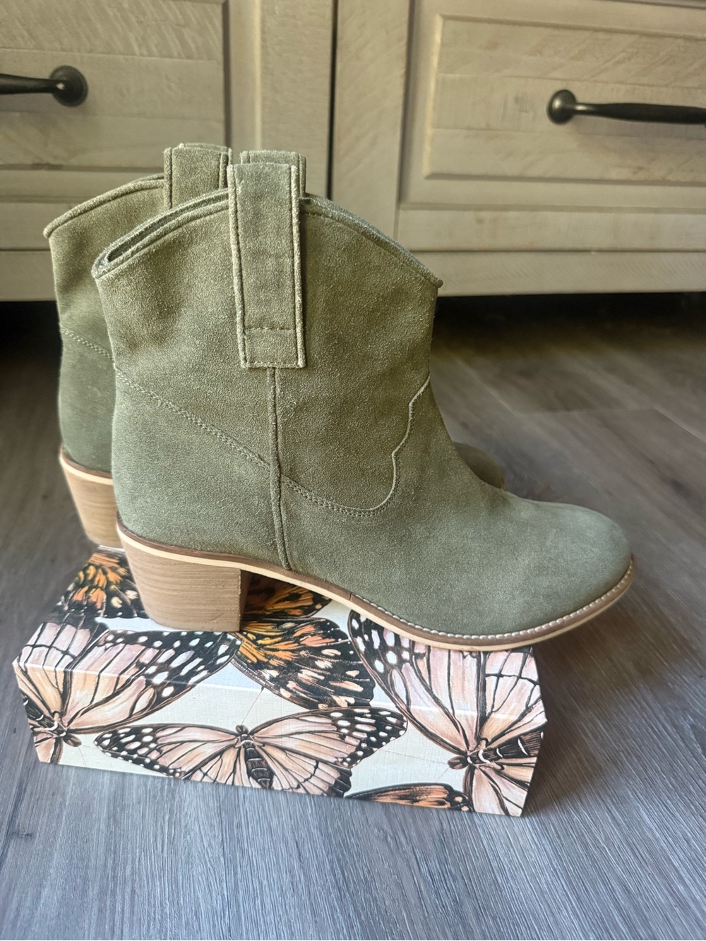 Diba Olive Green Suede Ankle Booties with Stacked Heel
